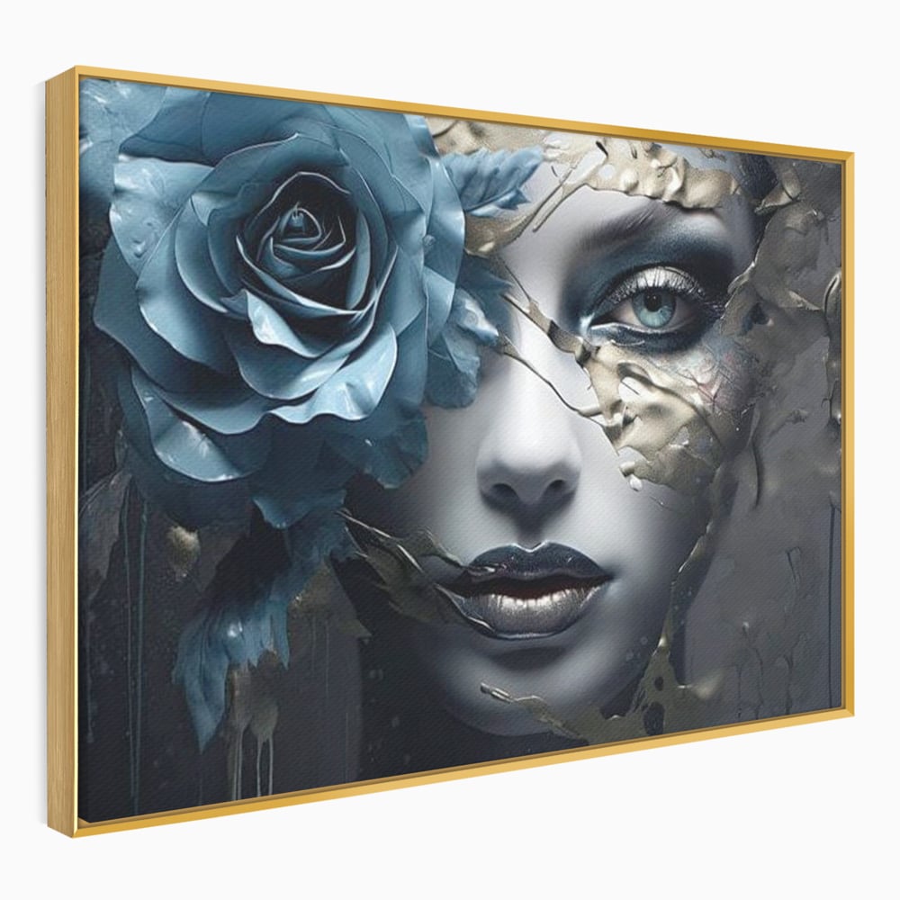 Tablou canvas cu tablou canvas cu chip de femeie si trandafir albastru, in rama de aluminiu auriu